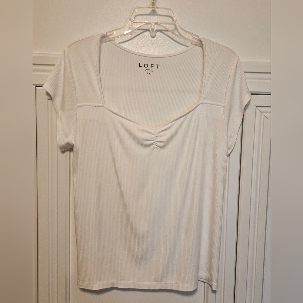 LOFT White Ribbed Ruched Short Sleeve T-Shirt
